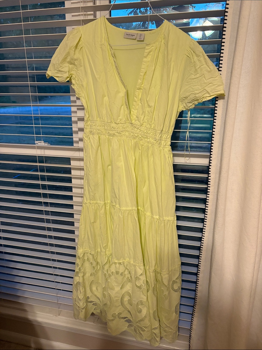 Haute Hippie Light Yellow Tiered V-Neck Midi Dress